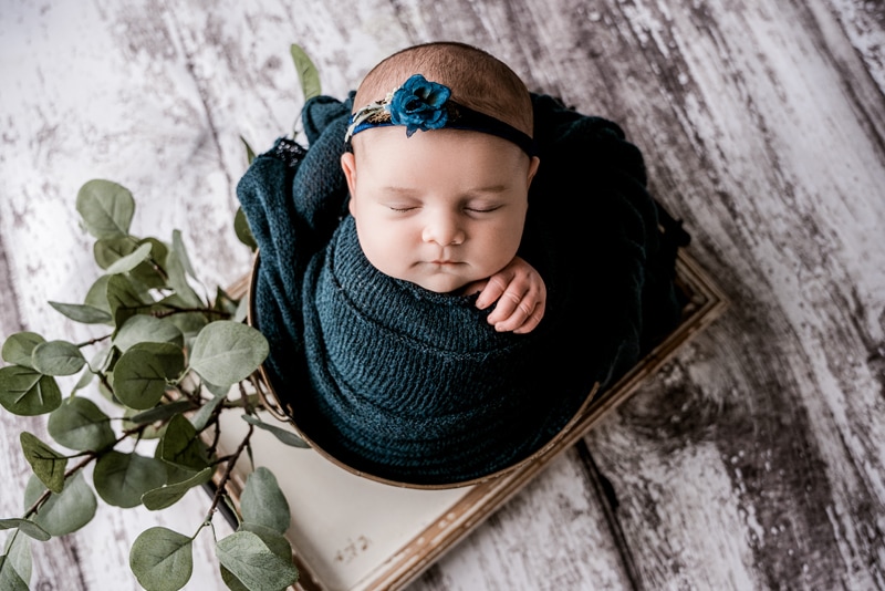 Newborn Photographer, A little baby is swaddled in blankets and lays on a wooden table near some branches of leaves